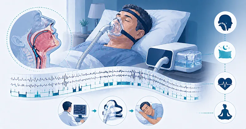 Clinical pathway for obstructive sleep apnea treatment in adults showing STOP-Bang screening, home vs in-lab sleep testing, CPAP initiation, and alternative therapies