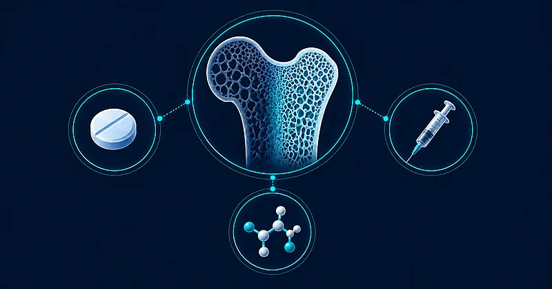 Osteoporosis treatment overview showing bisphosphonates denosumab and romosozumab options for fracture prevention in adults