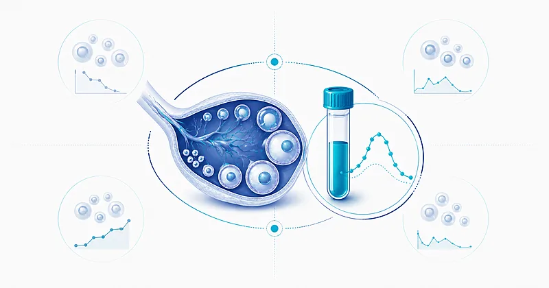 AMH ovarian reserve illustration showing follicle pool clusters and laboratory assay icon on clean clinical background