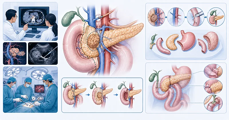 Pancreatic cancer surgery decision pathway showing resectability staging and the Whipple pancreaticoduodenectomy procedure in adults
