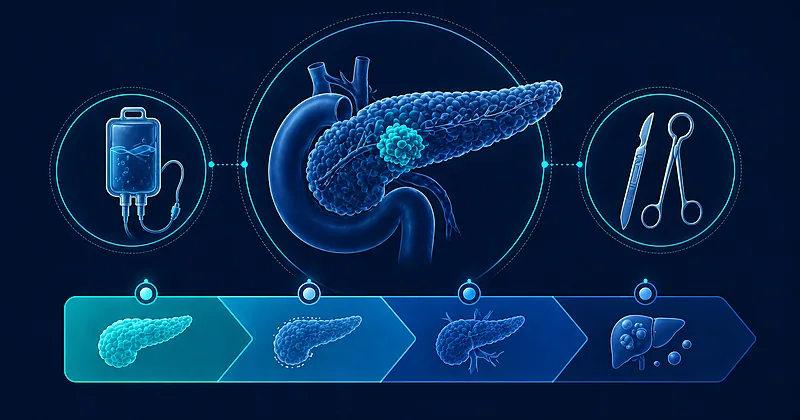 Pancreatic cancer treatment pathway showing resectability stratification, neoadjuvant and adjuvant therapy options, and first-line metastatic regimens