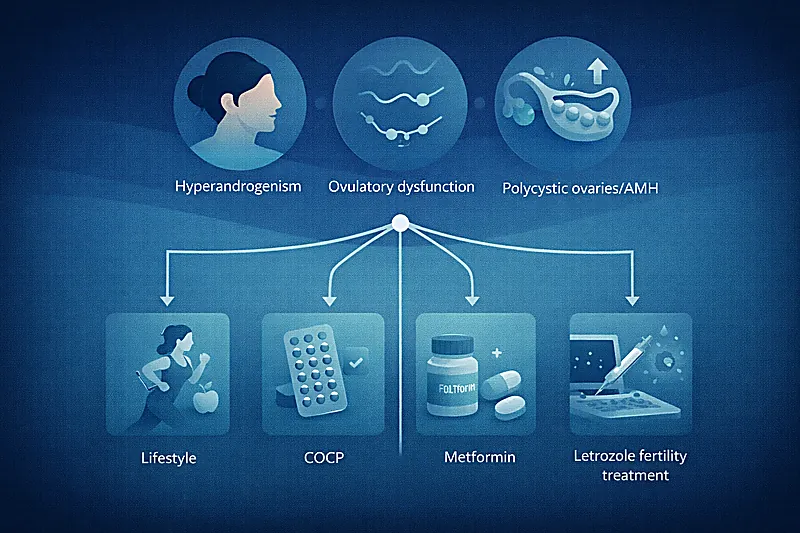 PCOS management diagnostic algorithm showing Rotterdam criteria AMH alternative lifestyle COCP metformin and letrozole fertility pathway