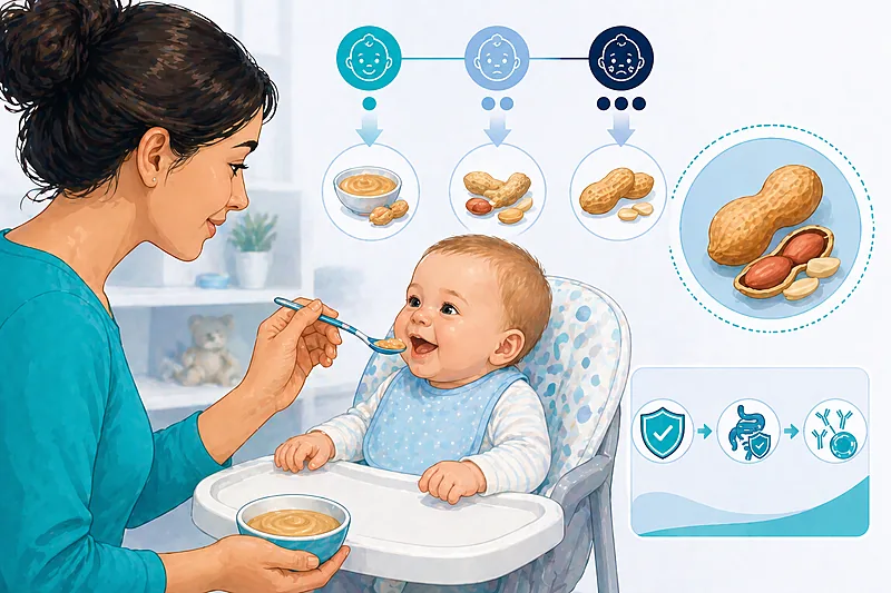 Clinical pathway for peanut allergy prevention in infants showing LEAP-based risk stratification, introduction timing, and age-appropriate peanut products
