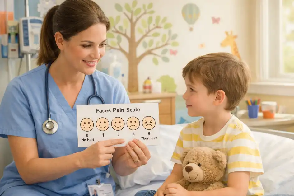 Pediatric acute pain management multimodal approach showing assessment tools, non-pharmacological strategies, and analgesic stepladder for children