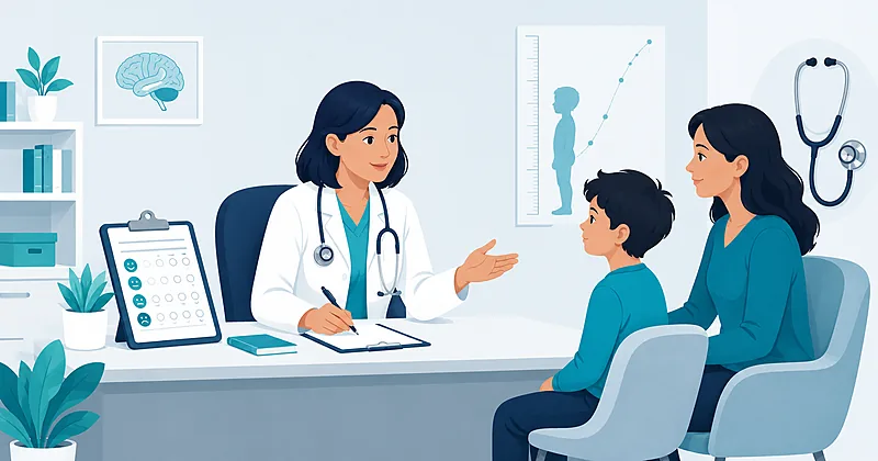 Clinical decision pathway for pediatric ADHD management showing DSM-5 diagnosis, stimulant titration, and cardiovascular screening