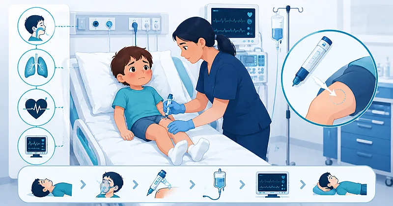 Pediatric anaphylaxis management showing rapid recognition, intramuscular epinephrine dosing, and emergency department disposition in children