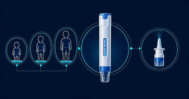 Pediatric anaphylaxis illustration showing weight-based epinephrine auto-injector selection with intranasal spray alternative