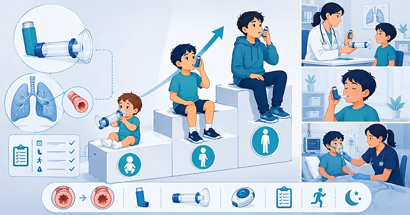 Pediatric asthma management stepwise pathway showing controller steps and reliever choices across the 0-5, 6-11, and 12+ age groups
