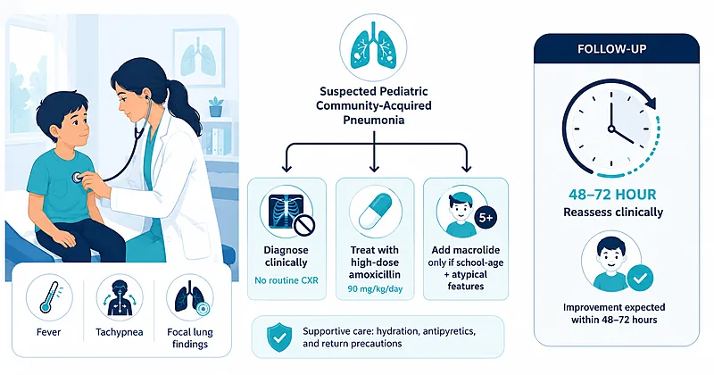 Outpatient clinical decision pathway for pediatric community-acquired pneumonia showing diagnosis, antibiotic selection, and follow-up steps
