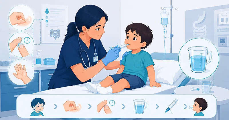 Pediatric dehydration assessment chart showing clinical signs, severity scoring, and oral rehydration plan for a child with gastroenteritis