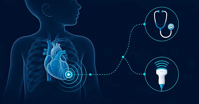 Pediatric heart murmurs referral pathway illustration comparing auscultation, ancillary testing, cardiology consultation and echocardiography in children