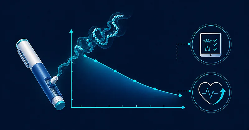 Pediatric obesity GLP-1 illustration showing semaglutide injection pen with adolescent BMI trajectory curve