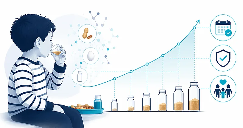 Pediatric oral immunotherapy real-world outcomes infographic showing adherence, anaphylaxis events, and quality-of-life data