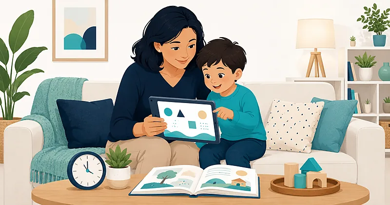 Pediatric screen time counselling: clinician reviewing a family media plan with parent and child at a well-child visit