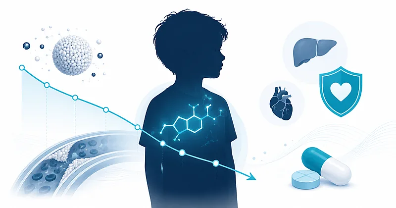 Pediatric statin therapy infographic showing LDL cholesterol reduction in children with familial hypercholesterolemia