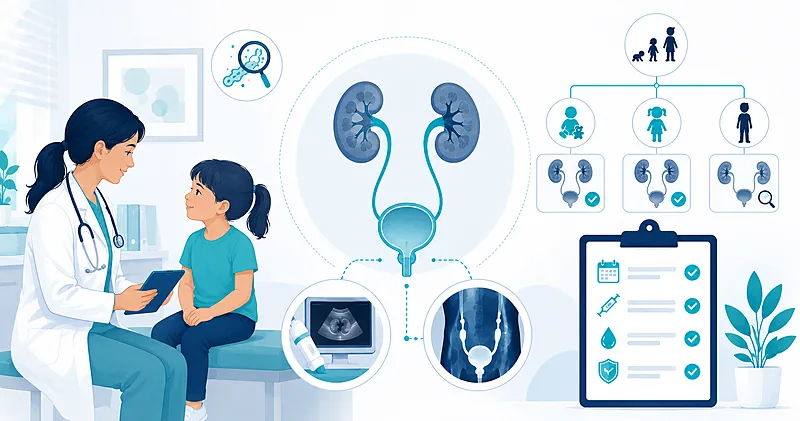 Clinical decision pathway for pediatric UTI follow-up showing renal ultrasound, VCUG indications, age cutoffs, and prophylaxis decisions