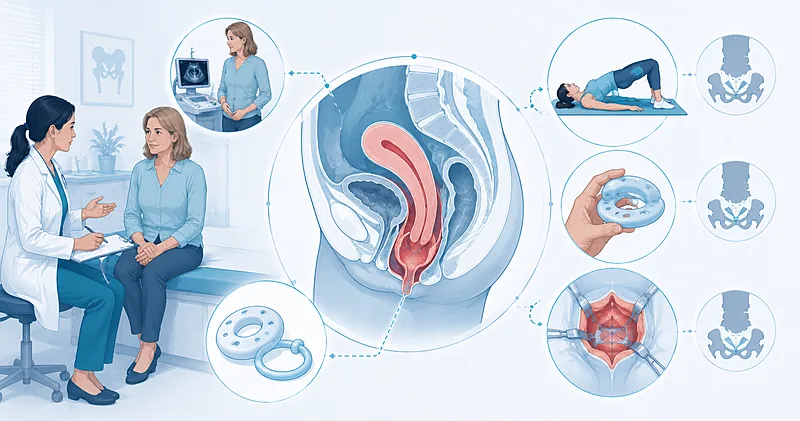 Clinical evaluation and pelvic organ prolapse treatment pathway showing POP-Q staging, pessary options, and surgical repair choices