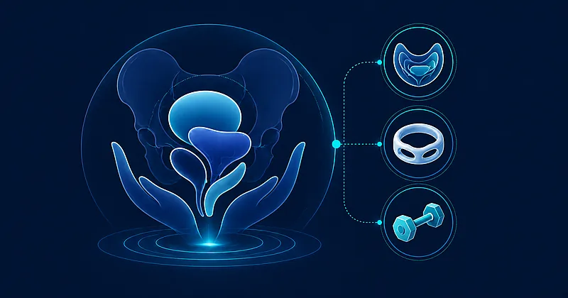 Pelvic organ prolapse illustration showing pelvic support schematic and abstract treatment pathway icons on clean clinical background