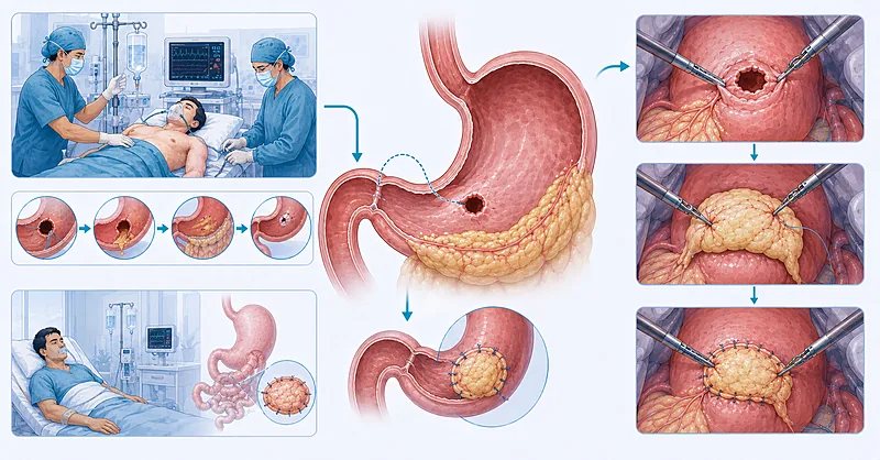 Surgical workflow for perforated peptic ulcer repair showing resuscitation, risk scoring, and omental patch source control in adults