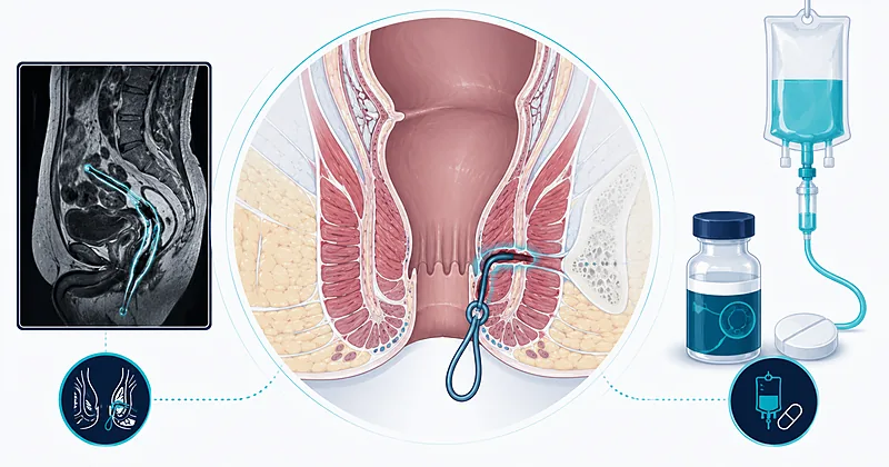 Coordinated surgical and medical algorithm for perianal Crohn fistula showing MRI classification, seton placement, and biologic therapy sequence
