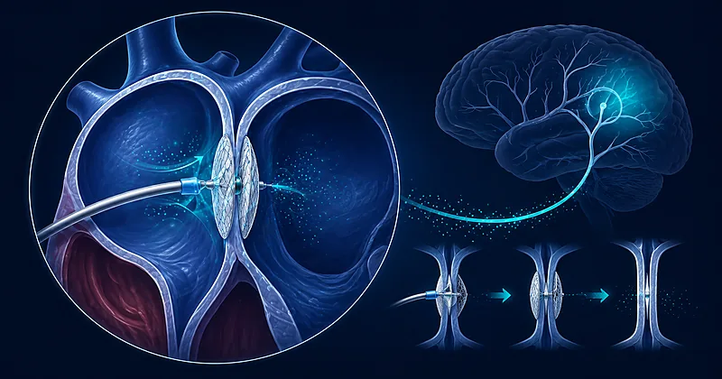 PFO closure cryptogenic stroke procedure illustration showing percutaneous device placement across the atrial septum