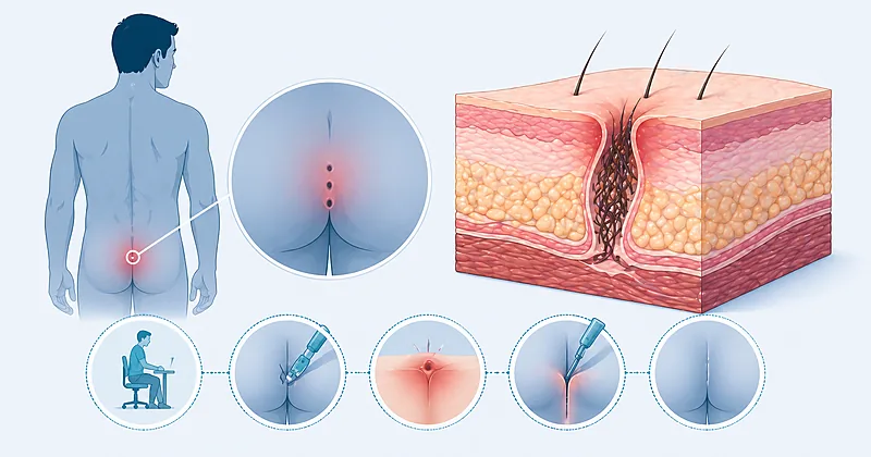 Clinical approach to pilonidal disease showing acute abscess drainage, conservative measures, pit picking, and cleft-lift procedures for adults
