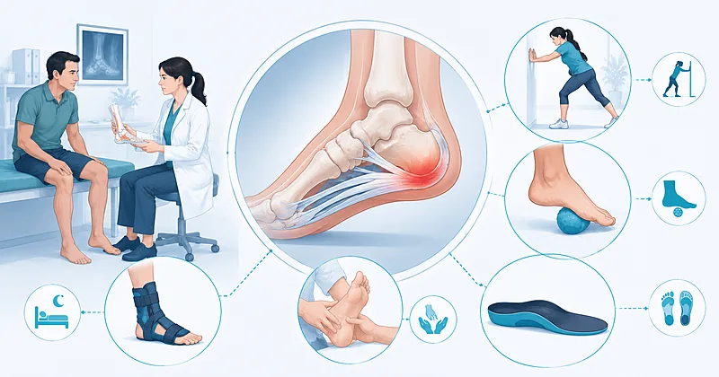 Stepwise plantar fasciitis treatment pathway for adults showing stretching, orthoses, and injection options for heel pain