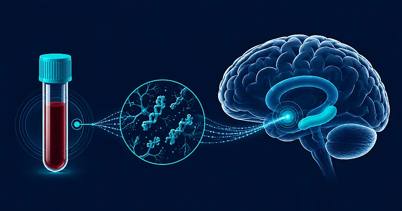 Plasma p-tau217 blood biomarker testing for Alzheimer's disease diagnosis, illustrated with a blood vial and brain