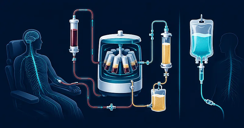 Plasmapheresis Guillain-Barre treatment circuit illustrated alongside IVIG infusion bag in clean modern medical graphic