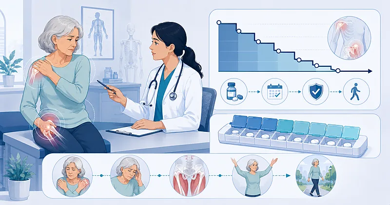 Polymyalgia rheumatica treatment pathway in adults showing diagnosis, prednisone dosing, and a stepwise glucocorticoid taper