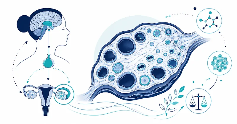 Polycystic ovary syndrome diagnostic and treatment pathway showing ovary morphology, metabolic markers, and ovulation induction