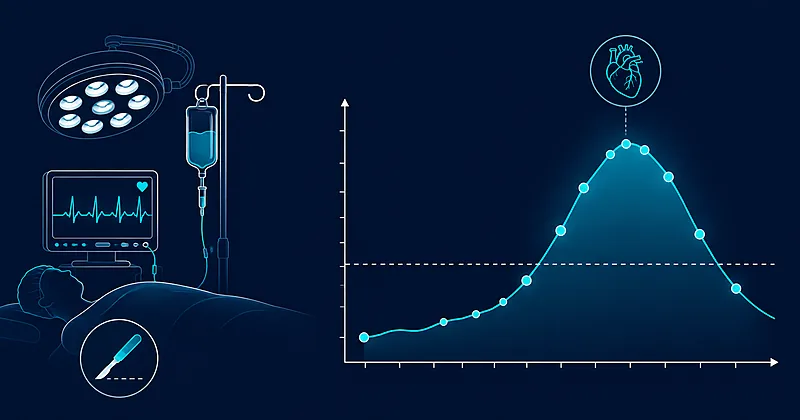 Troponin surveillance concept for myocardial injury after noncardiac surgery, showing a postoperative cardiac biomarker curve