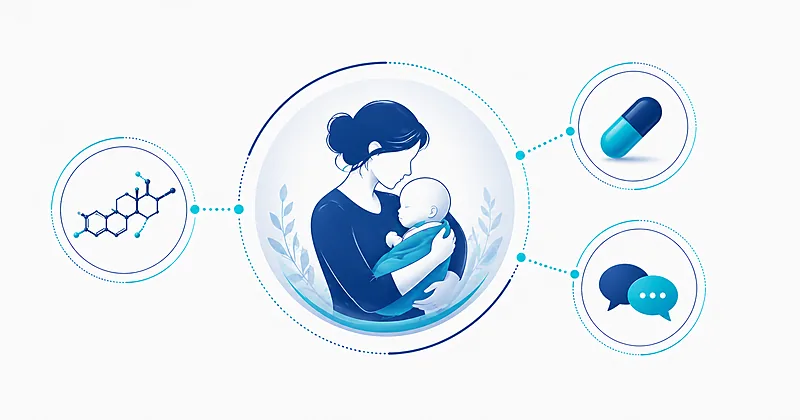 Postpartum depression treatment illustration showing neuroactive steroid molecular structure and abstract care-support icons on clean clinical background