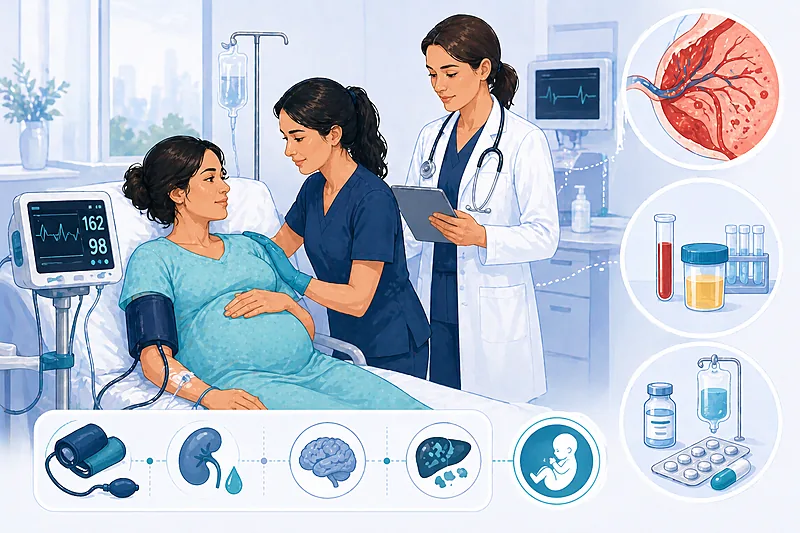 Clinical pathway for preeclampsia management in pregnancy showing diagnosis, severity assessment, BP control, and delivery timing