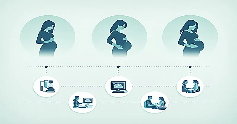 Prenatal care schedule and screening timeline showing recommended tests and visit frequency across all three trimesters of pregnancy