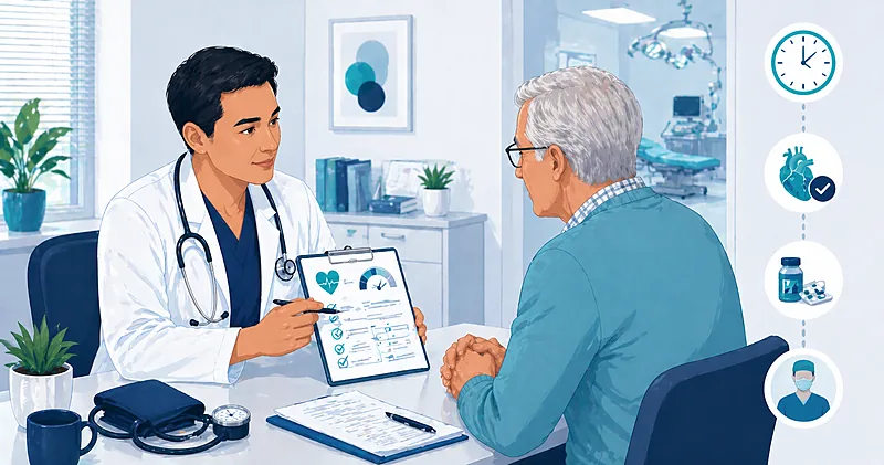 Clinical workflow for preoperative medical evaluation in primary care showing cardiac risk stratification, targeted testing, and perioperative medication planning