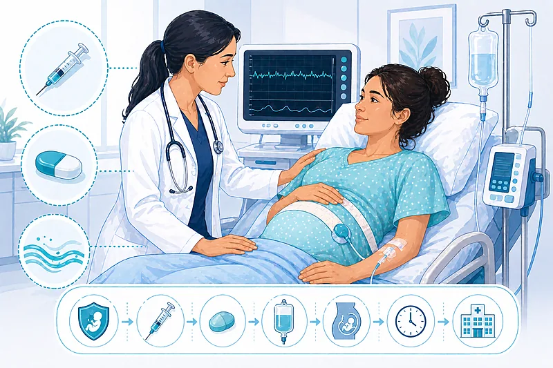 Clinical decision overview for preterm labor management in adults showing diagnosis, corticosteroids, tocolysis, and magnesium neuroprotection