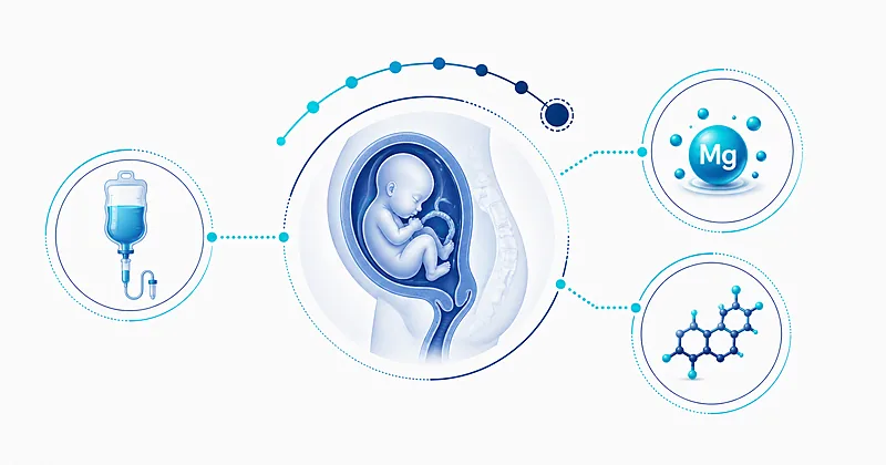 Preterm labor tocolysis illustration showing intravenous infusion fetal heart rate trace and gestational age timeline on clean clinical background