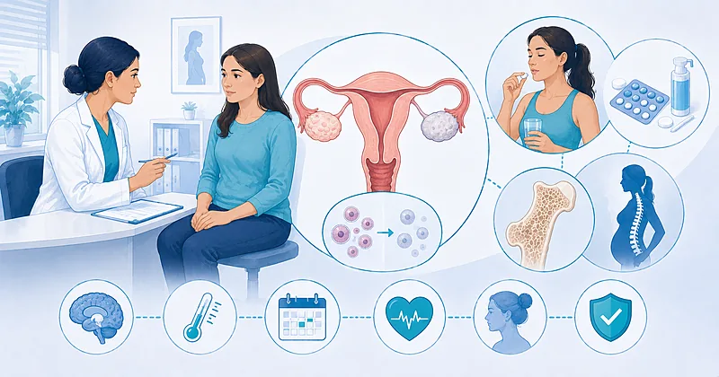 Clinical pathway for primary ovarian insufficiency diagnosis and hormone therapy showing FSH testing and oestrogen replacement options