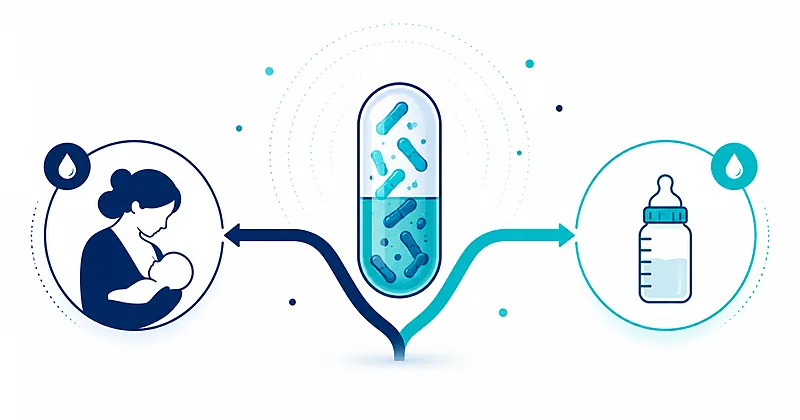 Probiotics infant colic concept illustration showing L. reuteri capsule with breastfed and formula-fed pathways