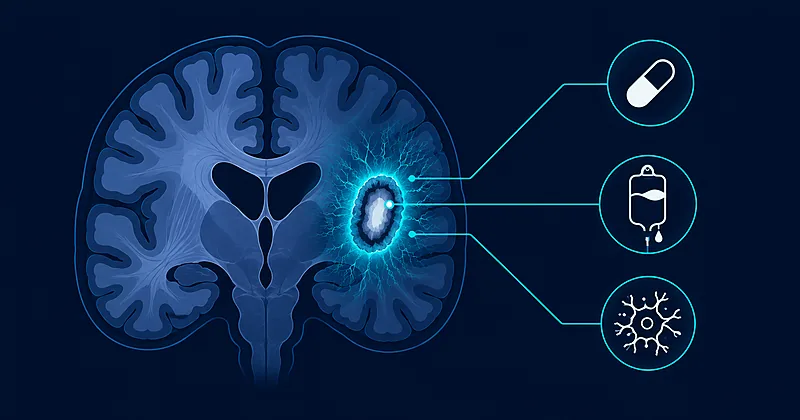 Progressive MS treatment illustration showing brain lesion rim inflammation, oligodendrocyte and B-cell targets in navy and teal