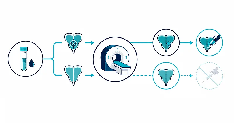 PSA screening decision pathway showing an MRI-first route that reduces unnecessary prostate biopsies