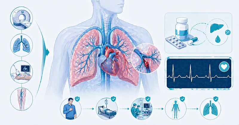Clinical decision pathway for pulmonary embolism treatment showing risk stratification, anticoagulation choice, and advanced therapy options