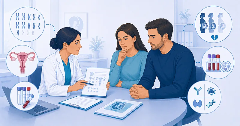 Recurrent pregnancy loss workup pathway showing causes, testing, and treatment decisions for couples in clinical practice