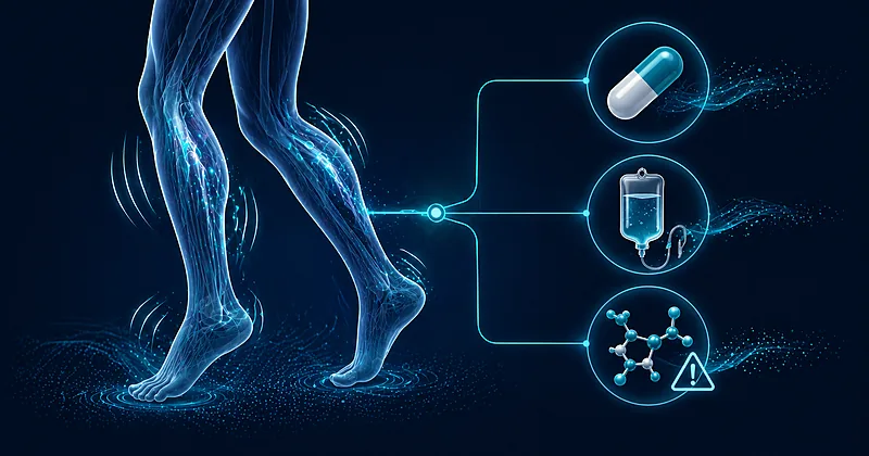 Restless legs syndrome treatment paradigm illustration showing alpha-2-delta ligands, iron repletion, and dopamine agonist augmentation