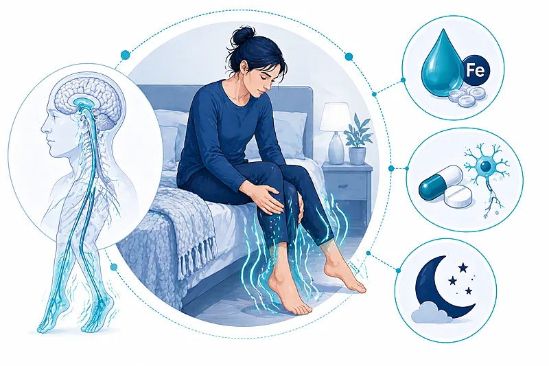 Clinical decision pathway for restless legs syndrome showing IRLSSG diagnosis, iron workup, alpha-2-delta first-line therapy, and refractory management