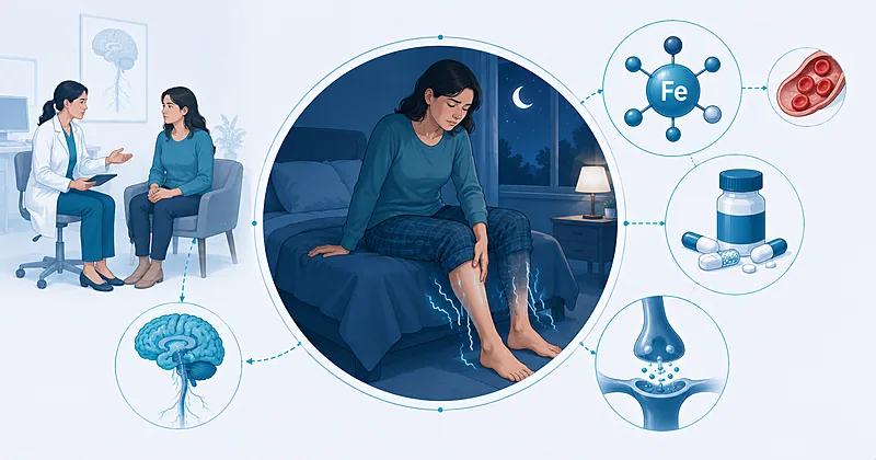 Clinical pathway for restless legs syndrome treatment in adults showing iron repletion thresholds and first-line drug selection