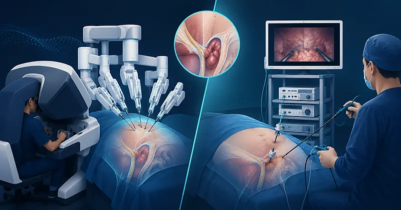 Robotic vs laparoscopic hernia repair comparison showing surgical console and tower setup for inguinal repair