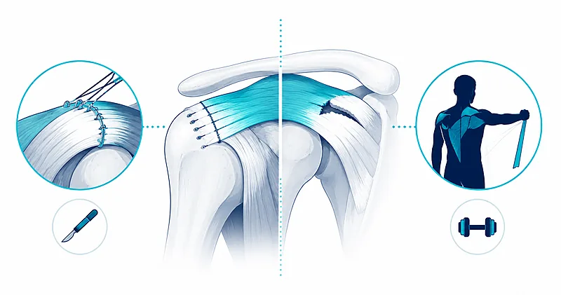 Rotator cuff tear treatment comparison showing surgical tendon repair alongside exercise therapy for the shoulder