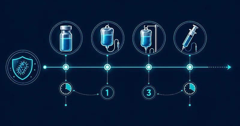 Sepsis bundle treatment timeline showing antibiotic administration fluid resuscitation and lactate measurement milestones in critical care